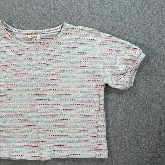 Madewell Striped Textured Short Puff Sleeve Knit Sweater Top Women's Medium Blue - Picture 2 of 6